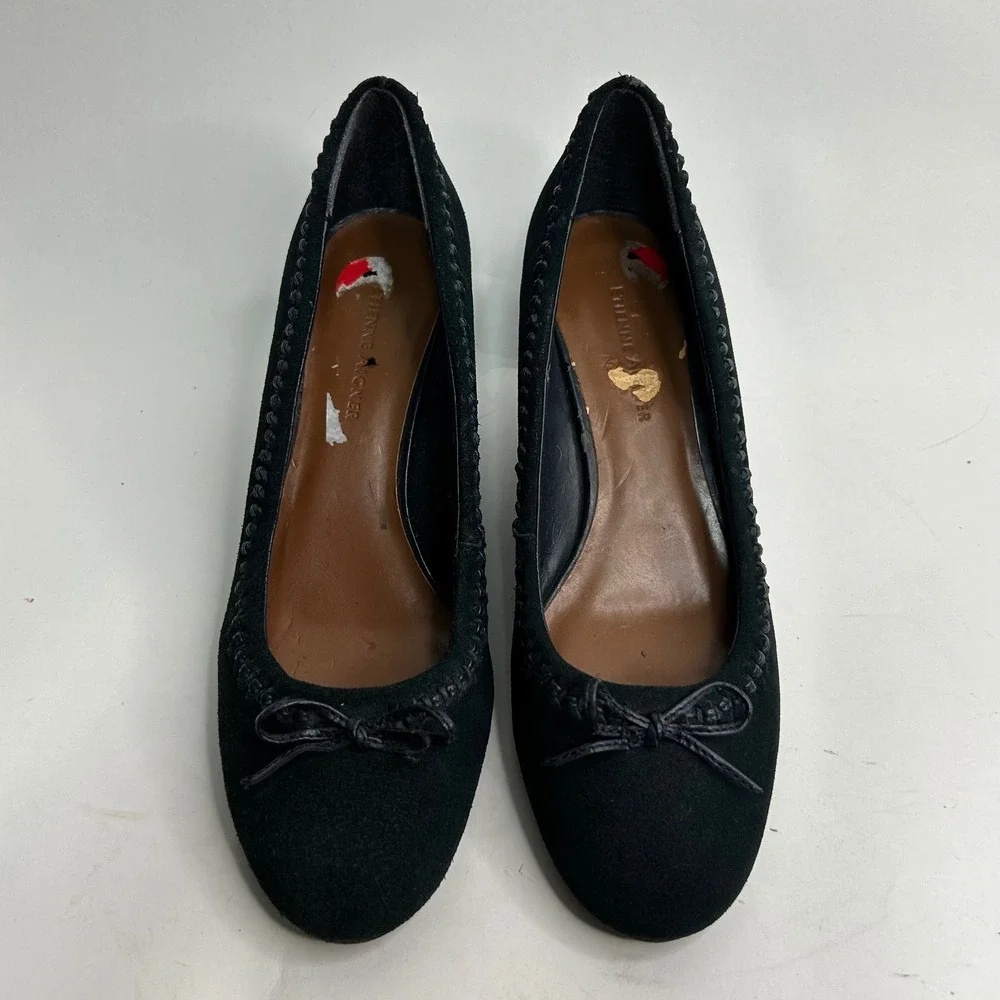 Etienne‎ Aigner Saint Suede Wedge Pumps Whipstitch Bow Round Toe 6M Blue Black